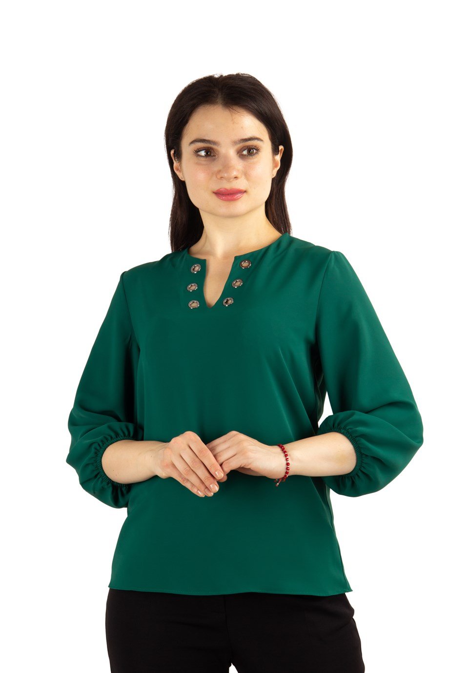 V Neck Eyelet Top - Emerald Green