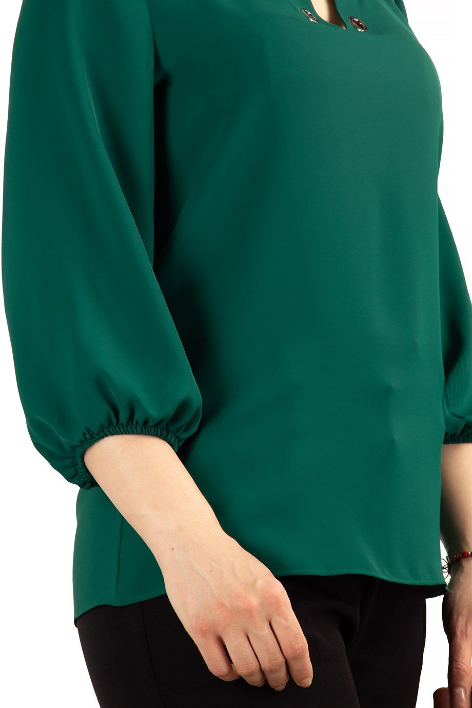 V Neck Eyelet Top - Emerald Green