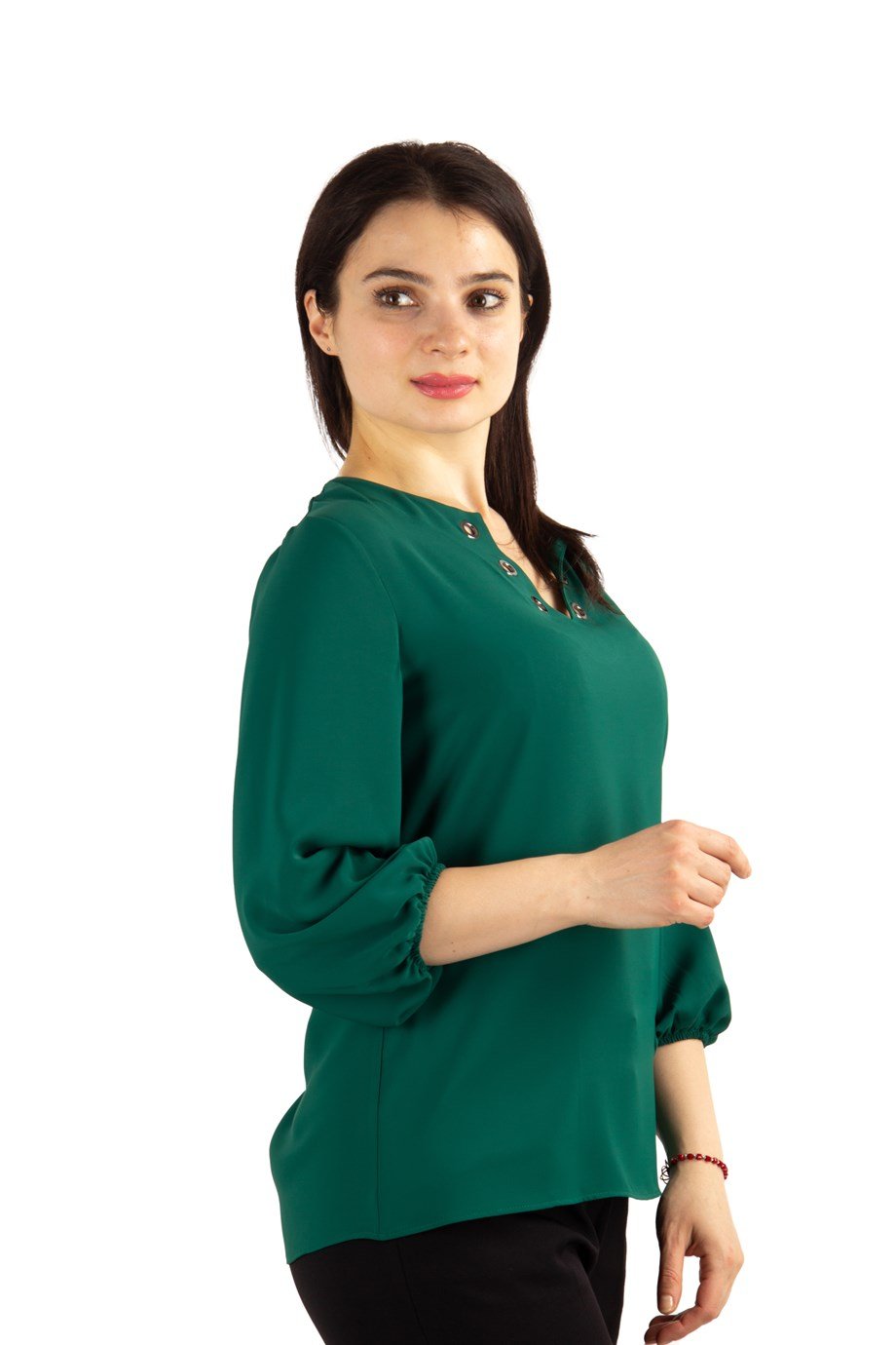 V Neck Eyelet Top - Emerald Green