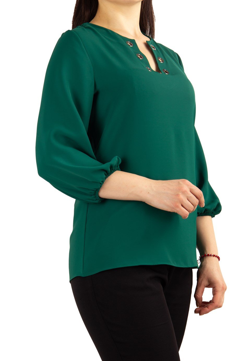 V Neck Eyelet Top - Emerald Green