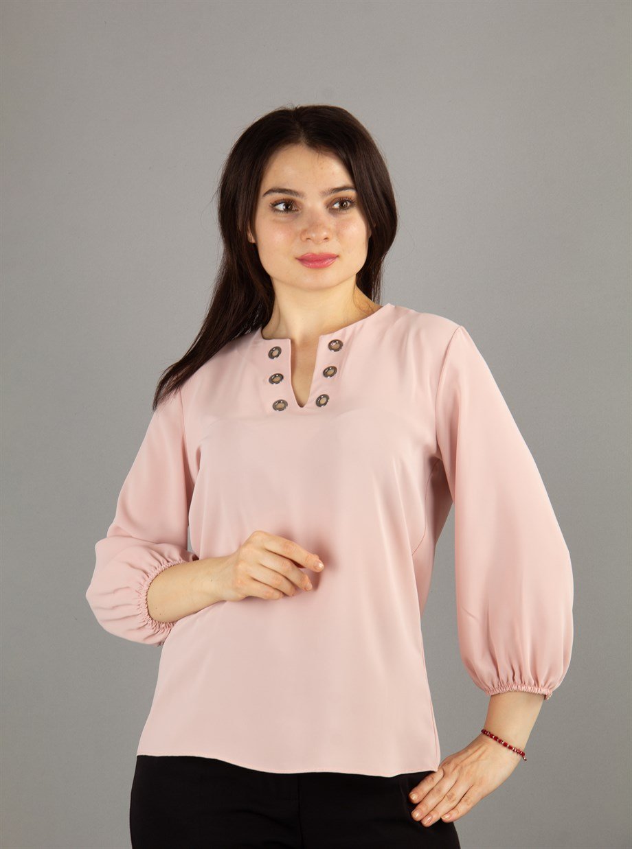 V Neck Eyelet Top - Powder