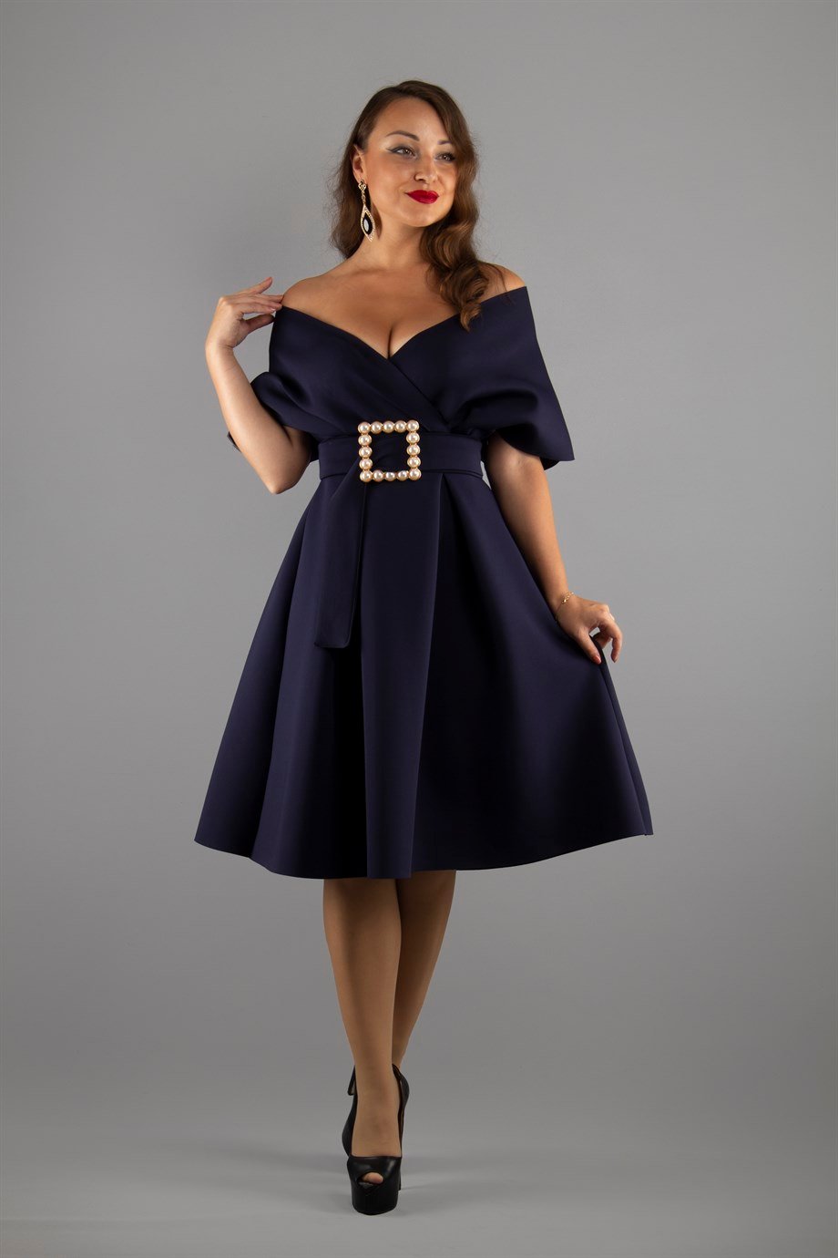 V- Neck Flare Scuba Dress With Pearl Belt - Navy Blue