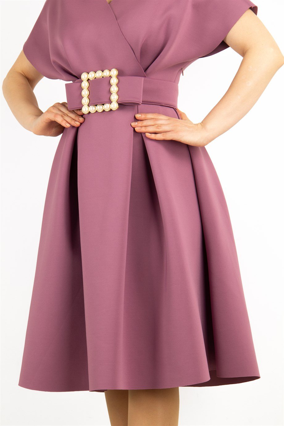 V- Neck Flare Scuba Dress With Pearl Belt - Rusy Rose