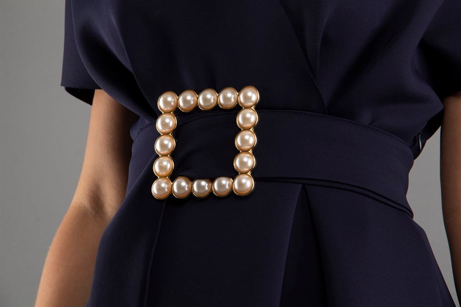 V- Neck Flare Scuba Dress With Pearl Belt - Navy Blue