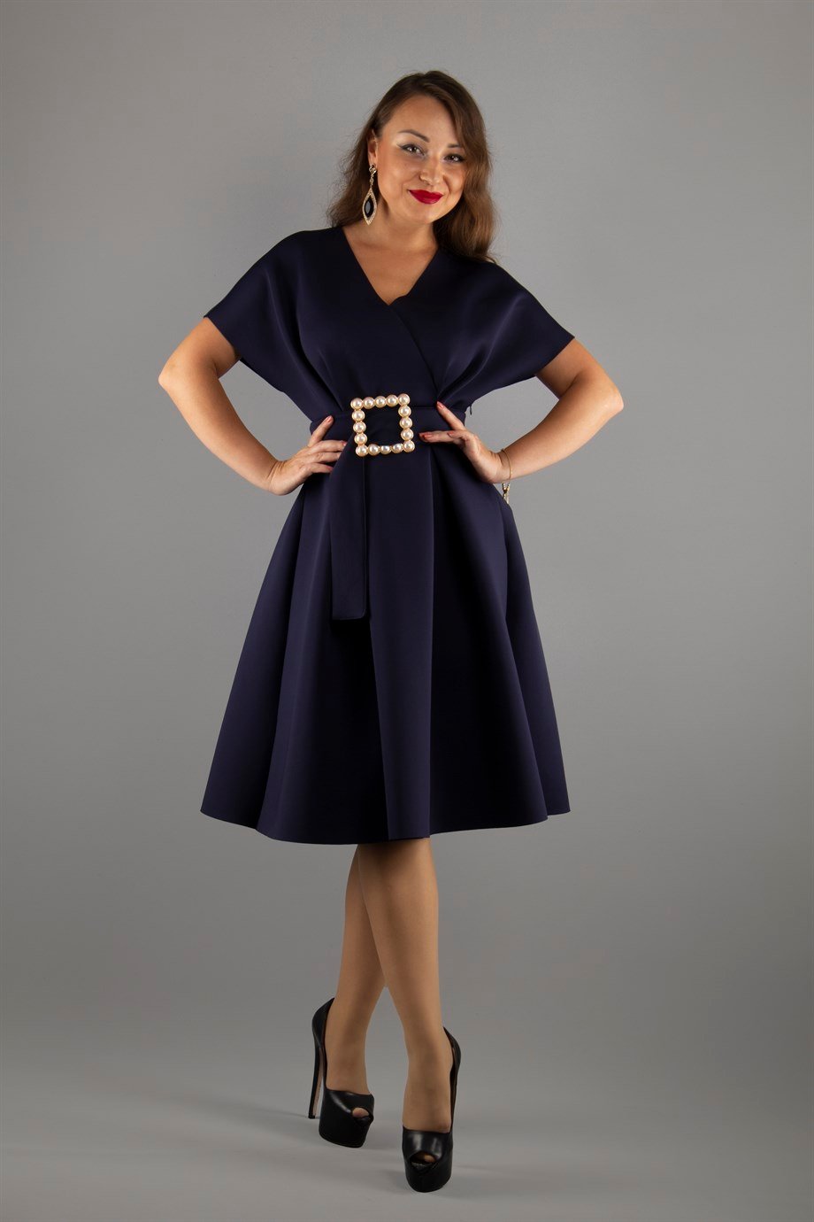 V- Neck Flare Scuba Dress With Pearl Belt - Navy Blue