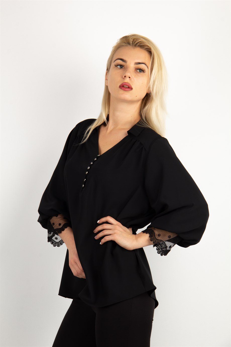 V Neck Lace Sleeve Hem Big Size Blouse - Black