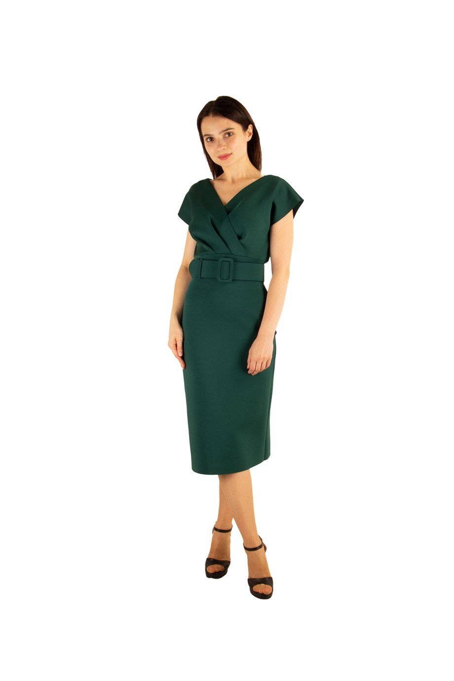 V-Neck Midi Scuba Dress Big Size - Emerald Green