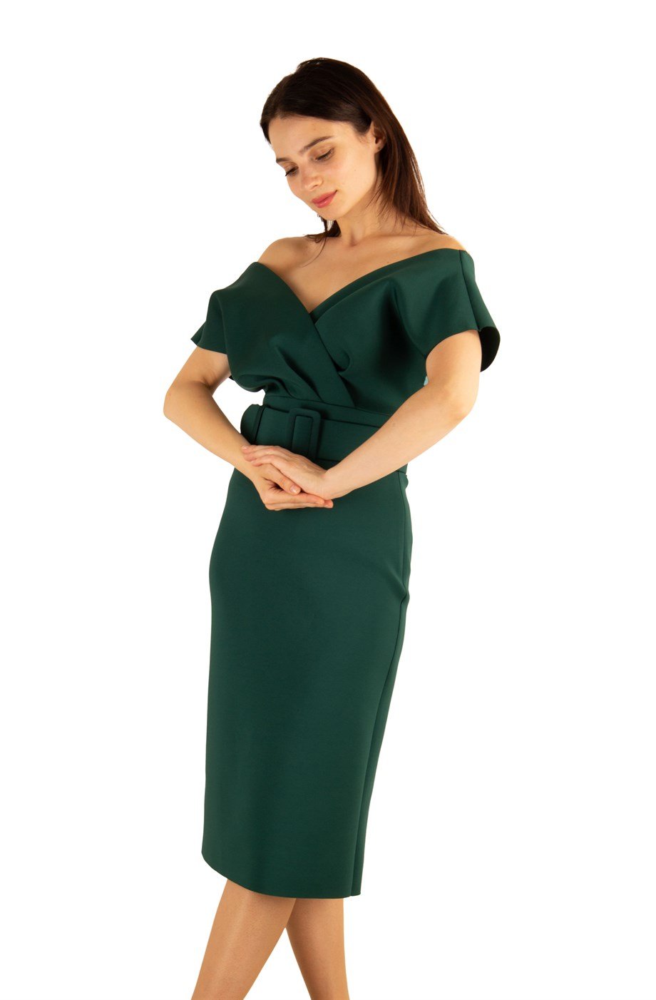 V-Neck Midi Scuba Dress Big Size - Emerald Green