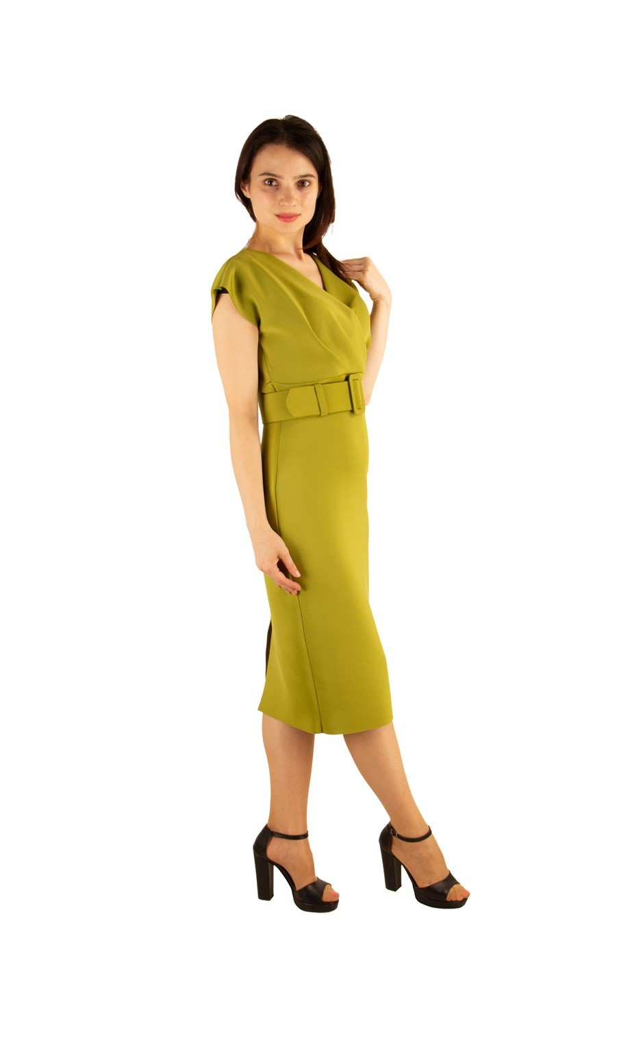V-Neck Midi Scuba Dress Big Size - Khaki