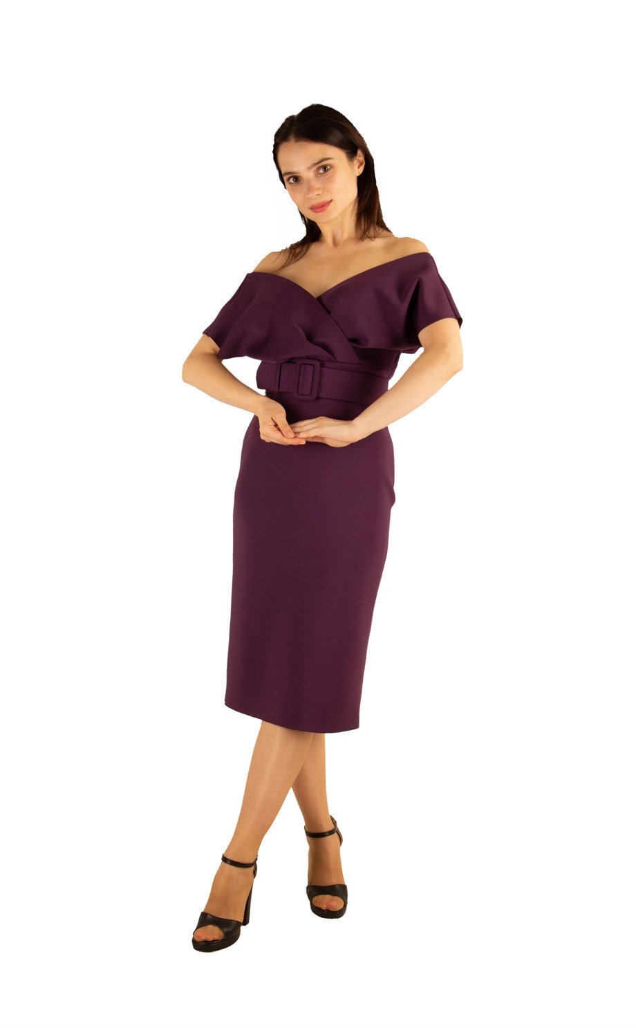 V-Neck Midi Scuba Dress Big Size - Purple