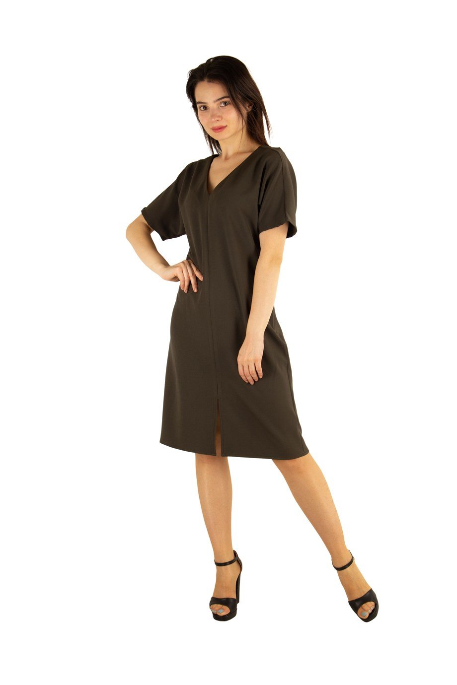 V-Neck Plain Dress - Army