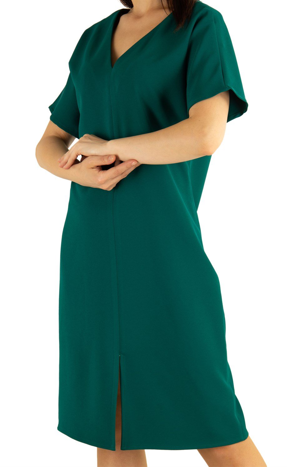 V-Neck Plain Dress - Emerald Green