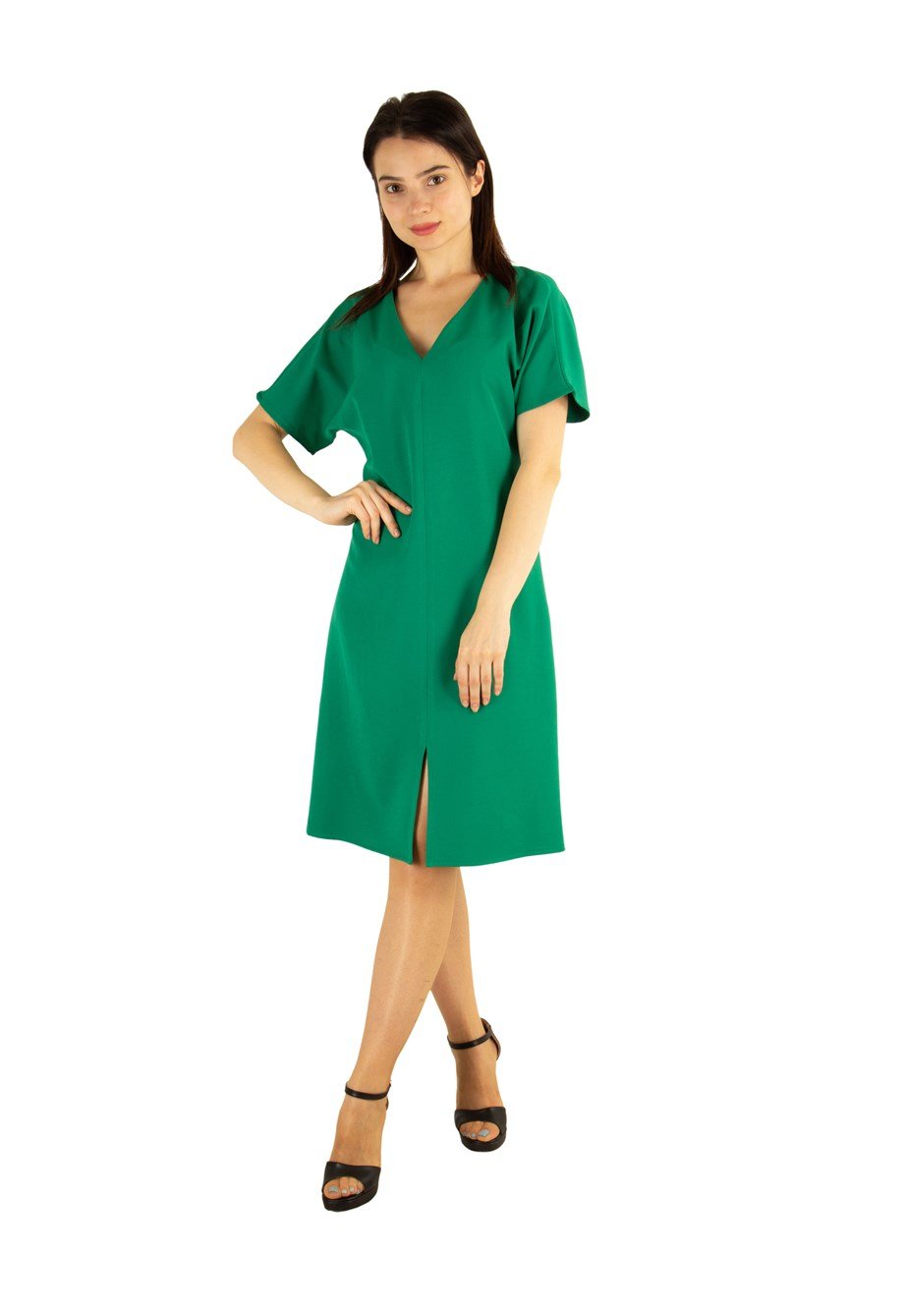 V-Neck Plain Dress - Grass Green