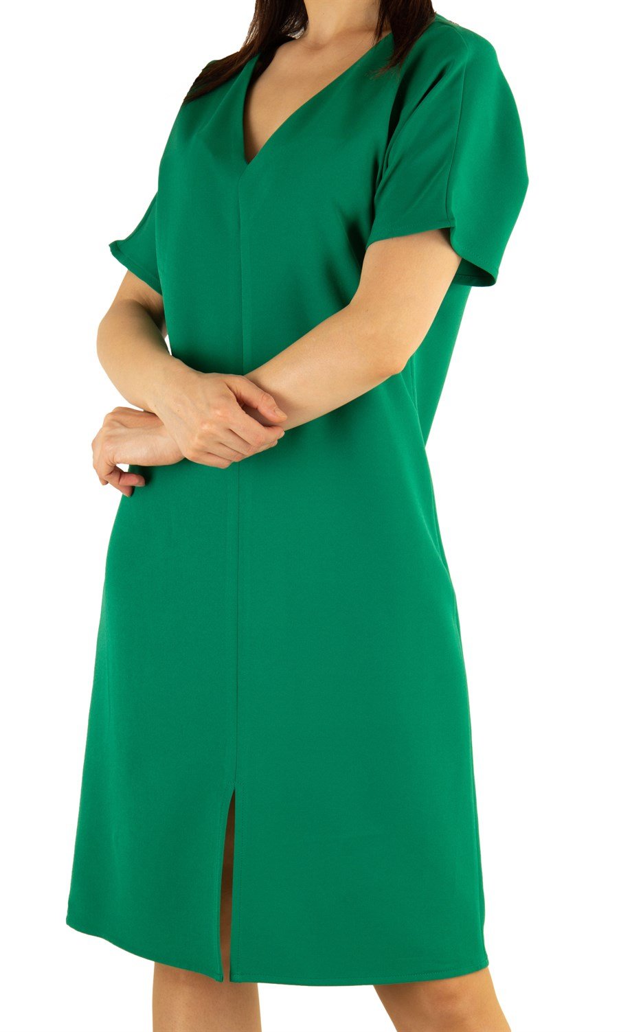 V-Neck Plain Dress - Grass Green