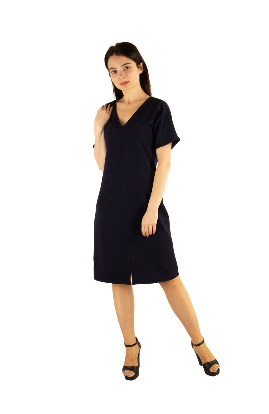 V-Neck Plain Dress - Navy Blue