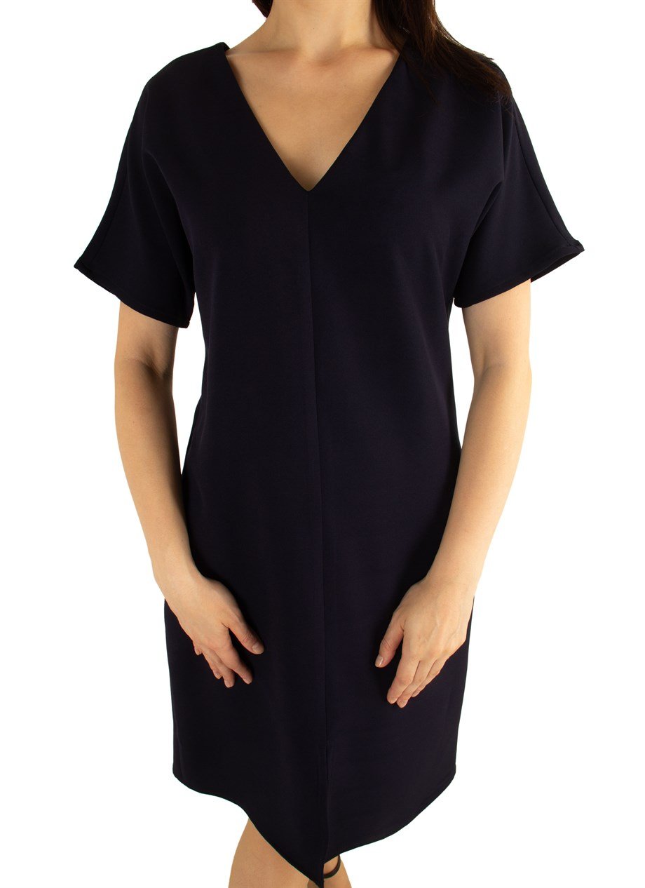 V-Neck Plain Dress - Navy Blue
