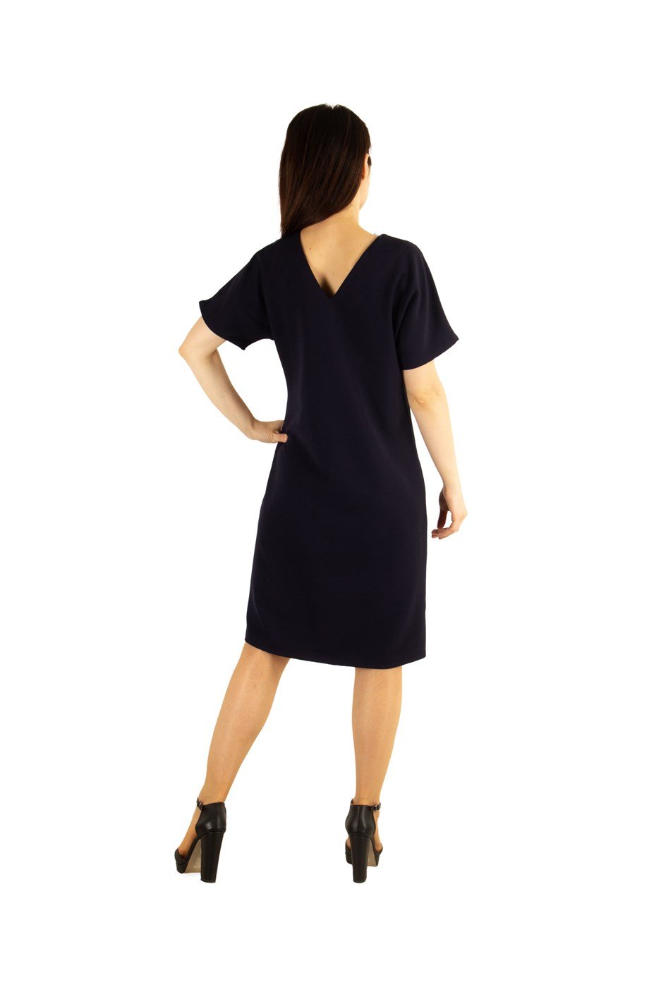 V-Neck Plain Dress - Navy Blue