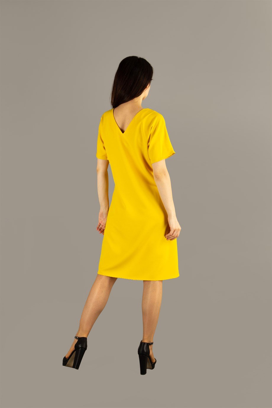 V-Neck Plain Dress - Yellow