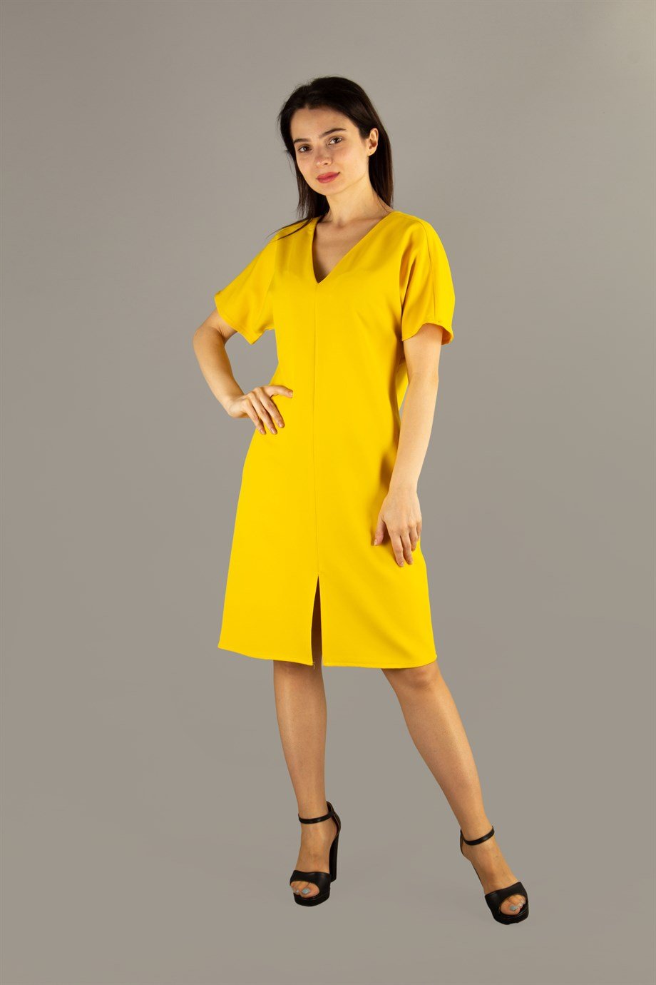 V-Neck Plain Dress - Yellow