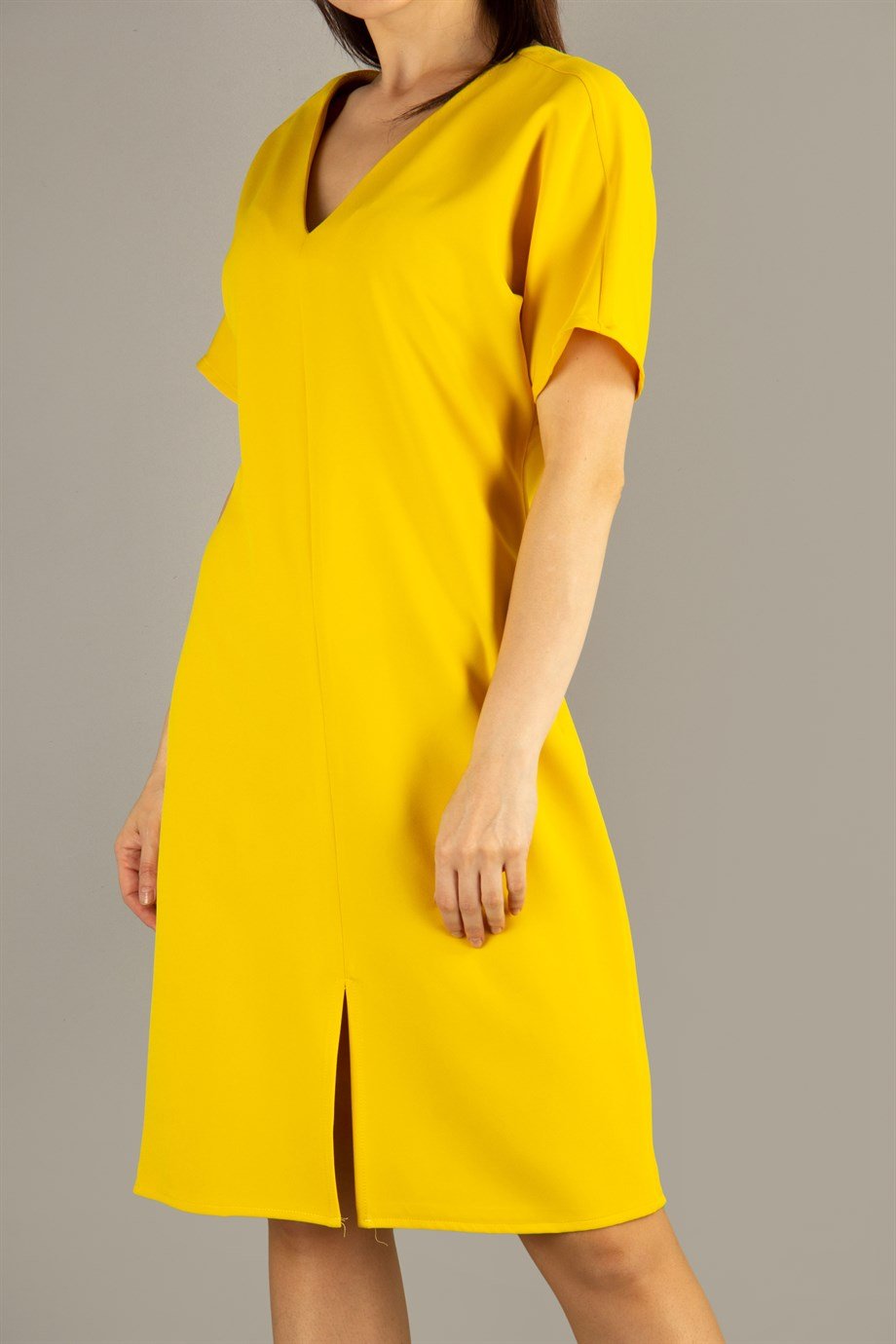 V-Neck Plain Dress - Yellow