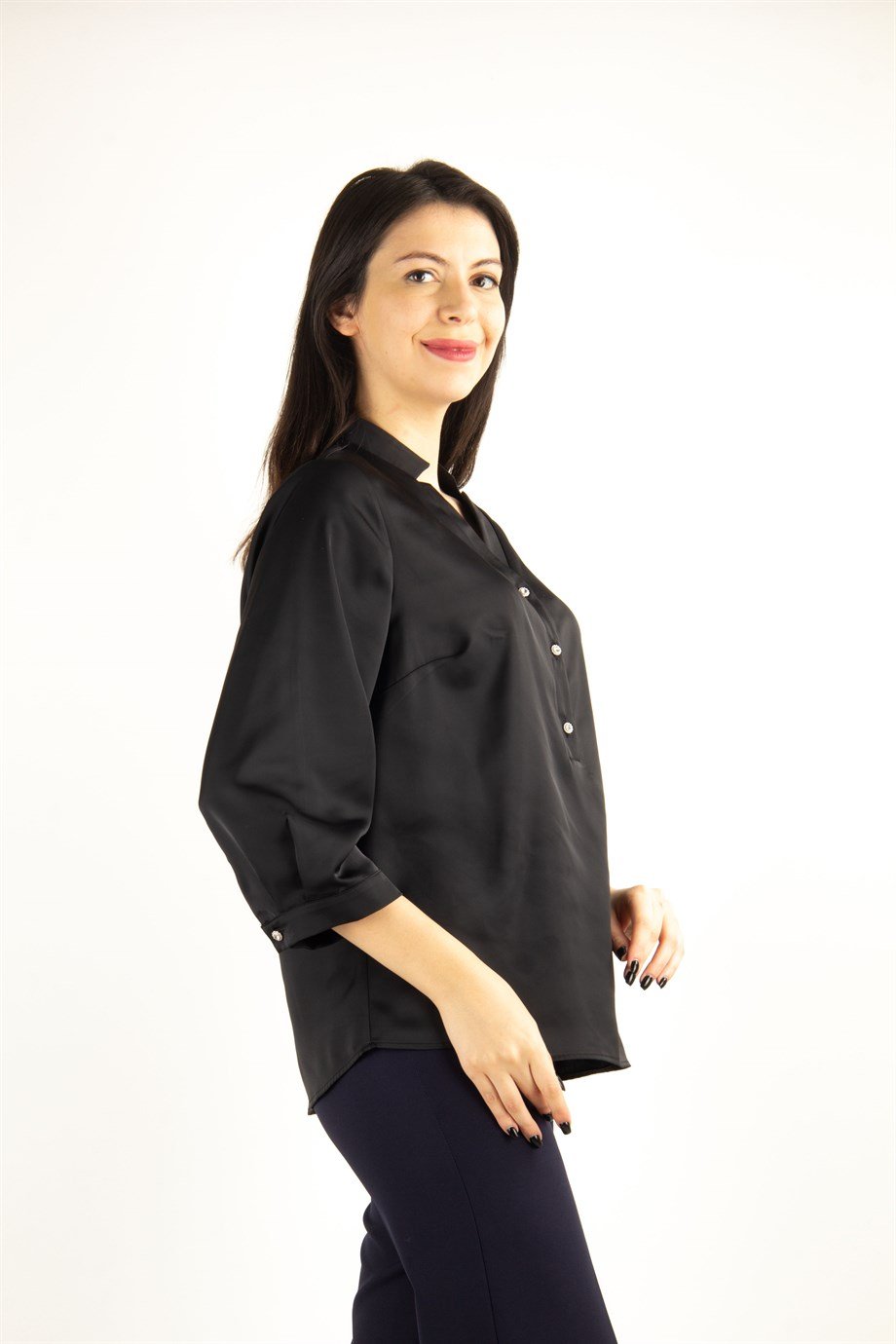 V Neck Satin Blouse - Black