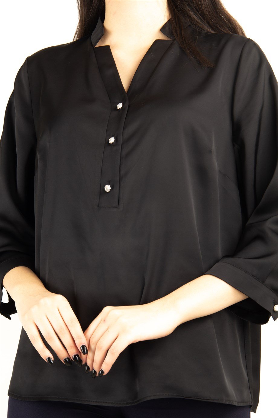 V Neck Satin Blouse - Black