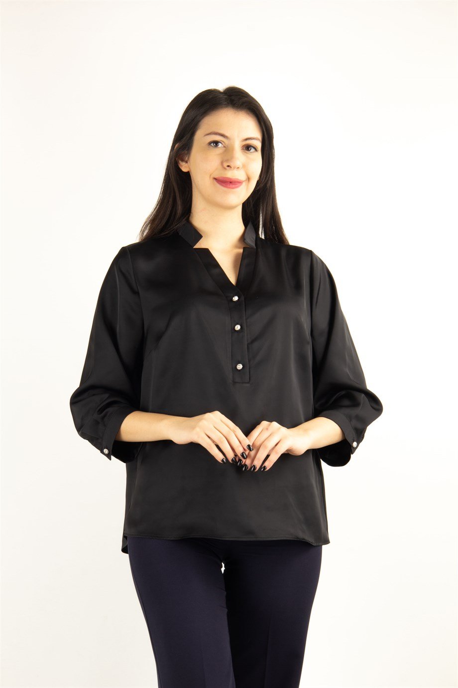 V Neck Satin Blouse - Black