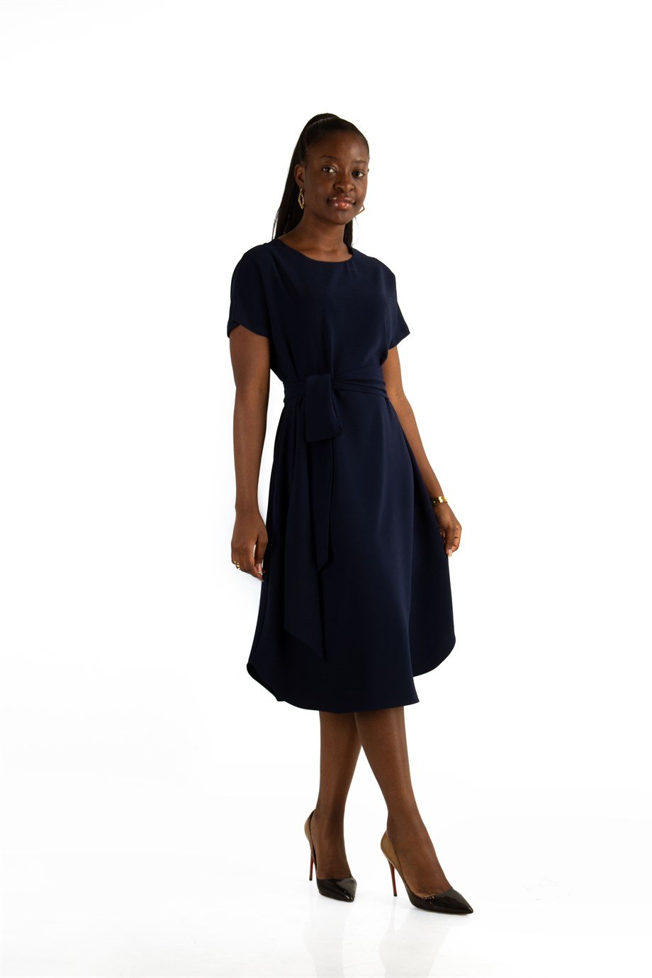 Waist Tie Flare Plain Midi Big Size Dress - Navy Blue