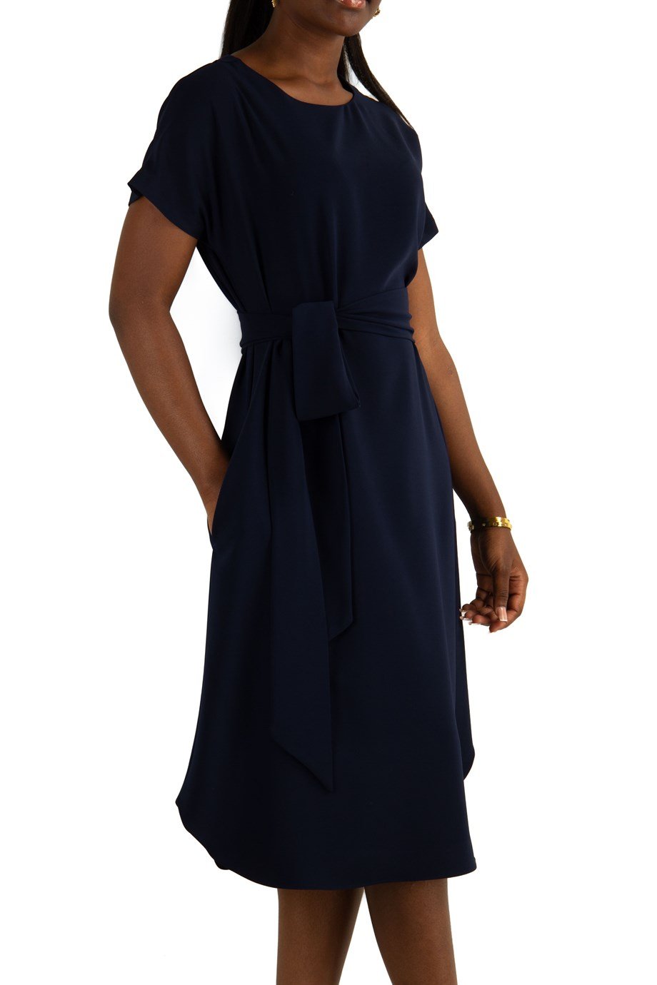 Waist Tie Flare Plain Midi Big Size Dress - Navy Blue