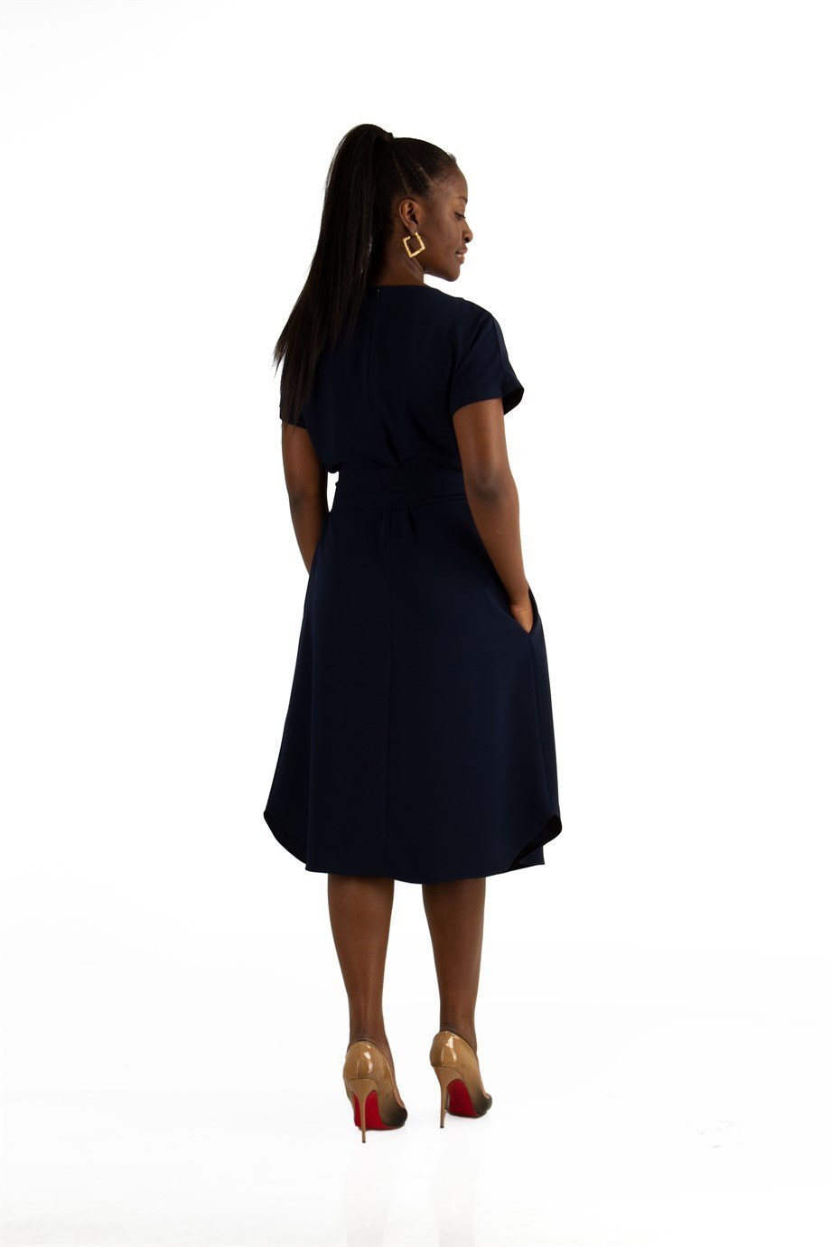 Waist Tie Flare Plain Midi Big Size Dress - Navy Blue