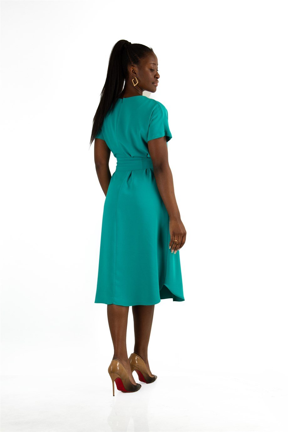 Waist Tie Flare Plain Midi Big Size Dress - Benetton Green