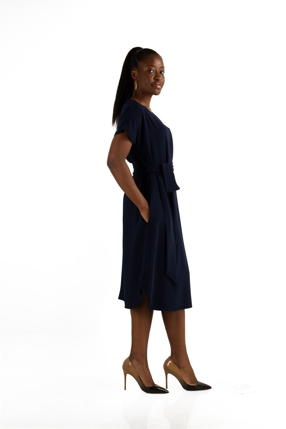 Waist Tie Flare Plain Midi Dress - Navy Blue Emerald Green