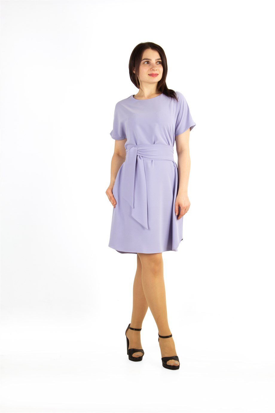 Waist Tie Flare Plain Mini Dress - Lilac