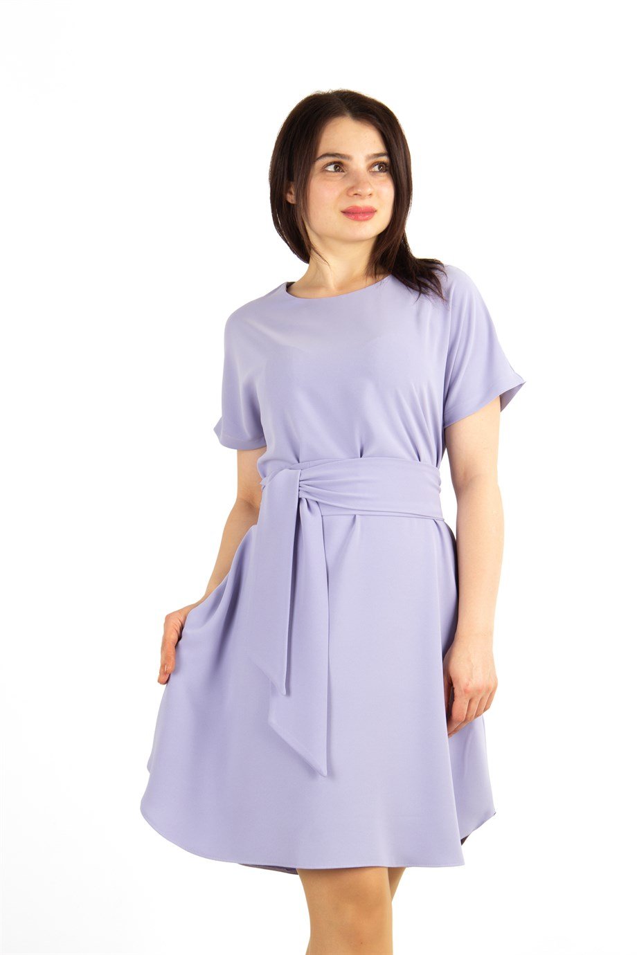 Waist Tie Flare Plain Mini Dress - Lilac
