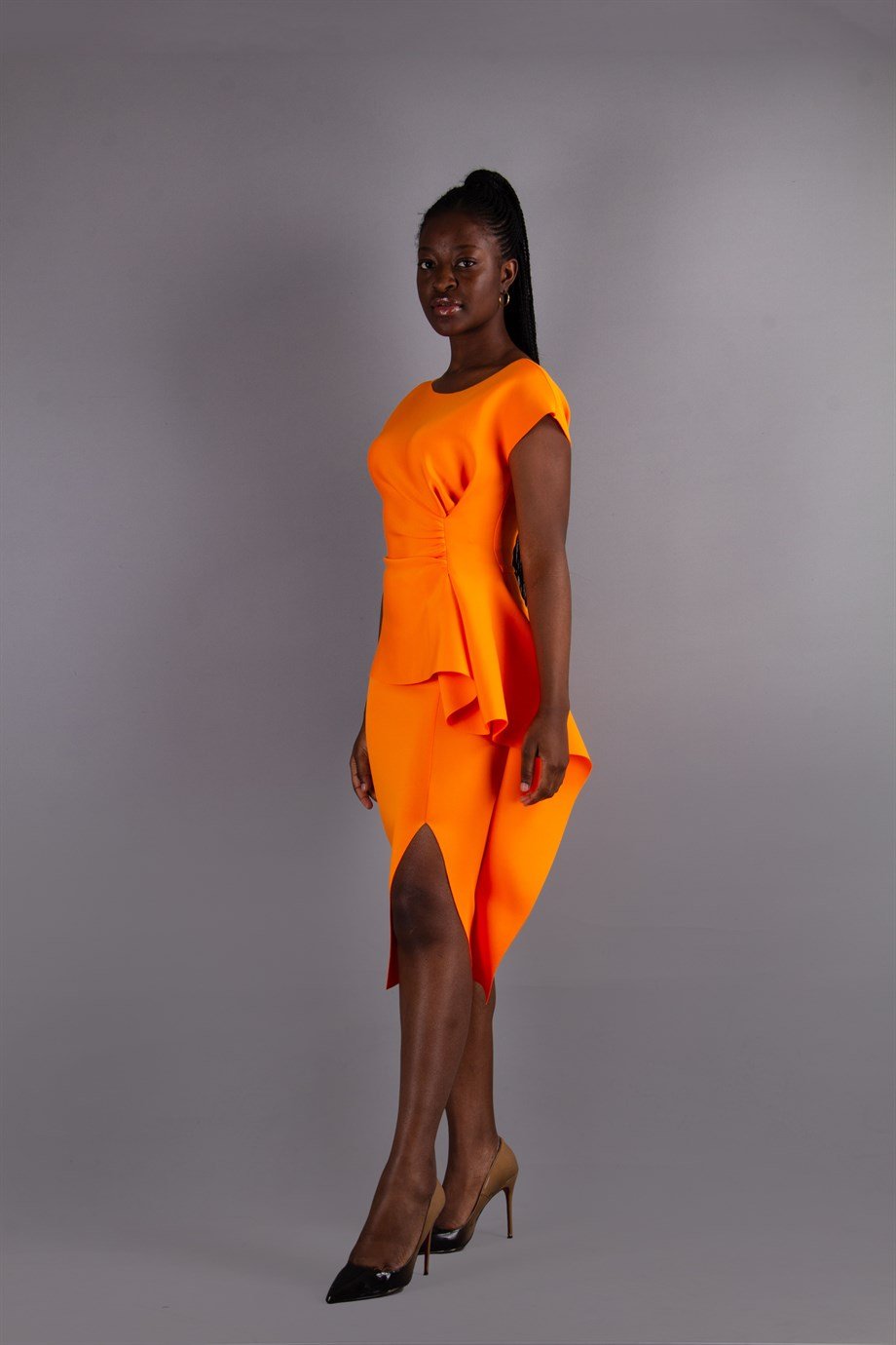 Waist Twisted Peplum Scuba Big Size Dress - Orange
