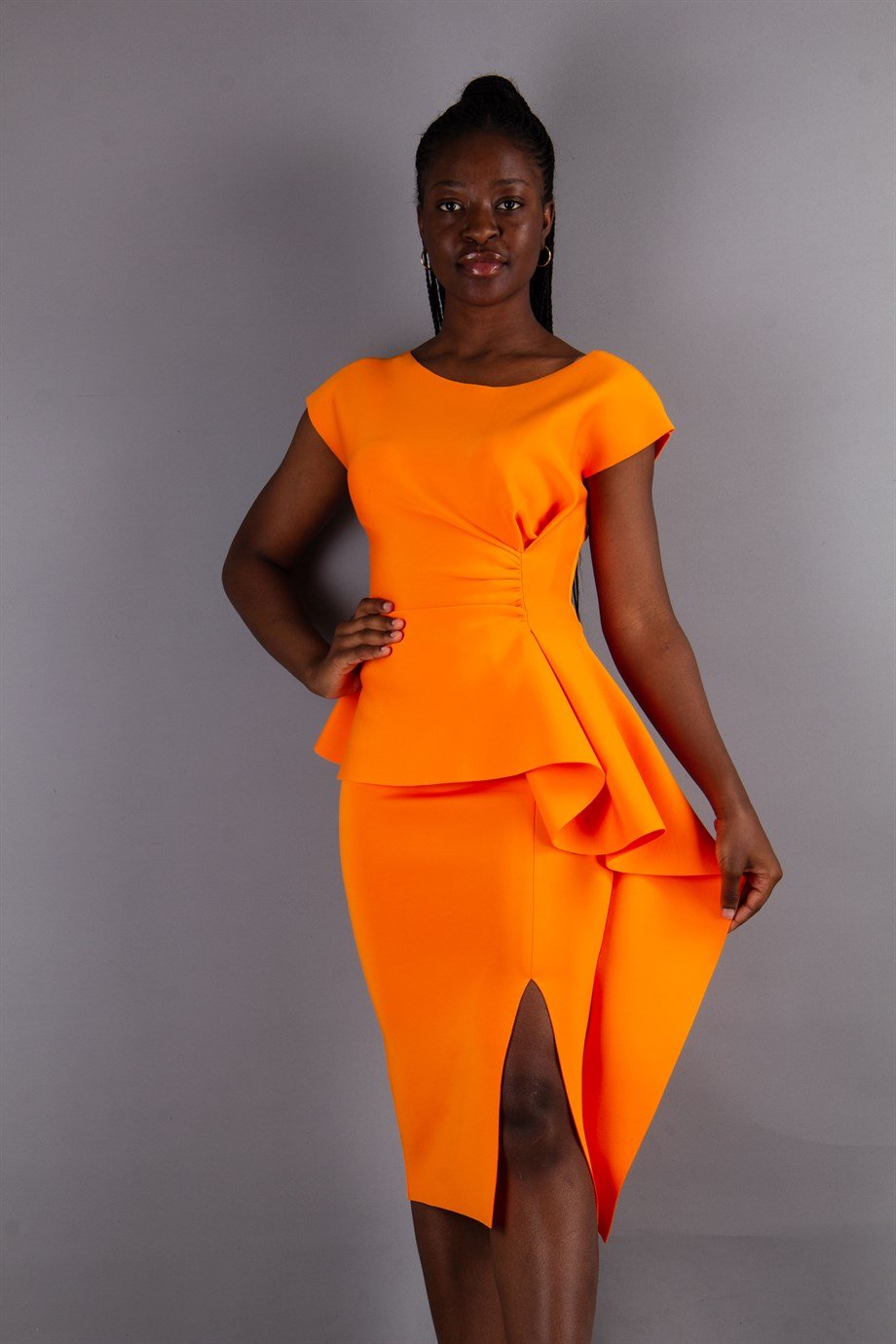 Waist Twisted Peplum Scuba Big Size Dress - Orange