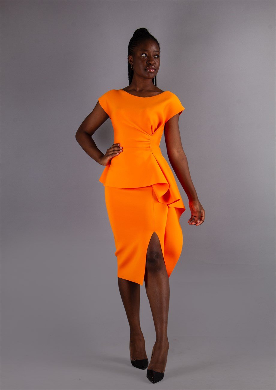 Waist Twisted Peplum Scuba Big Size Dress - Orange