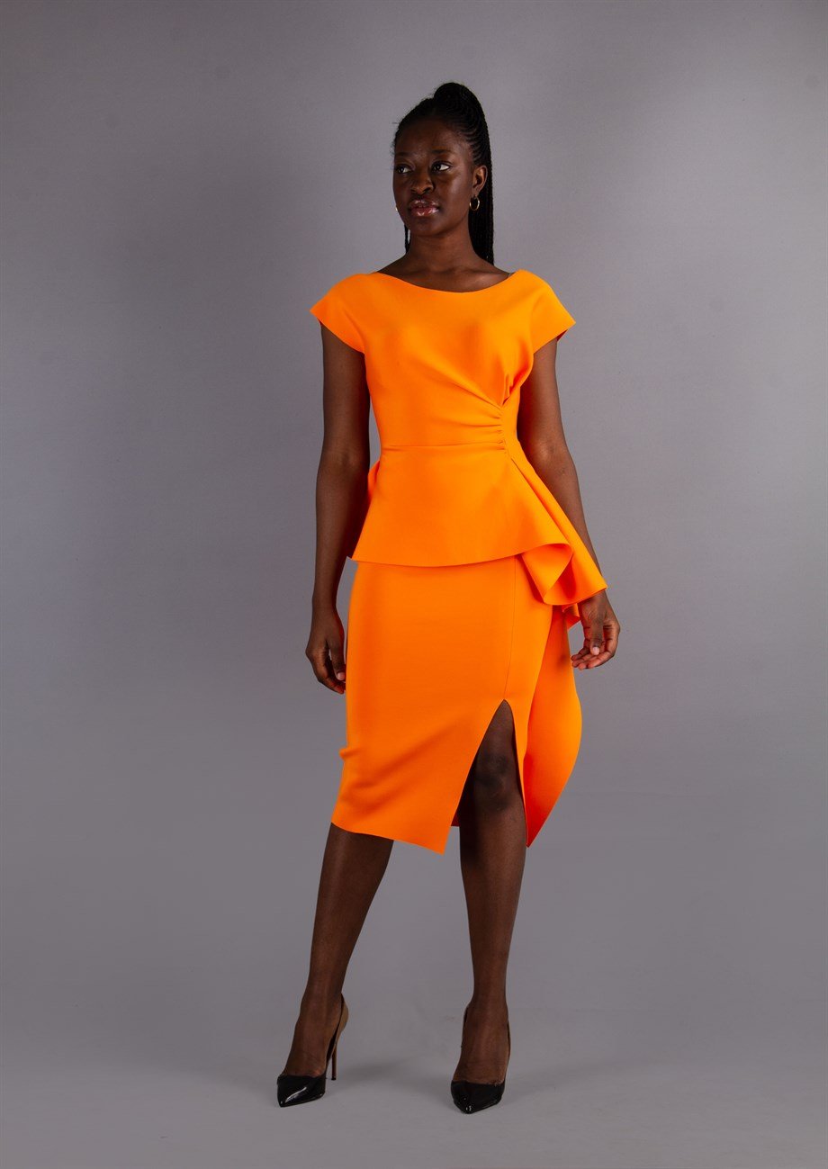Waist Twisted Peplum Scuba Dress - Orange