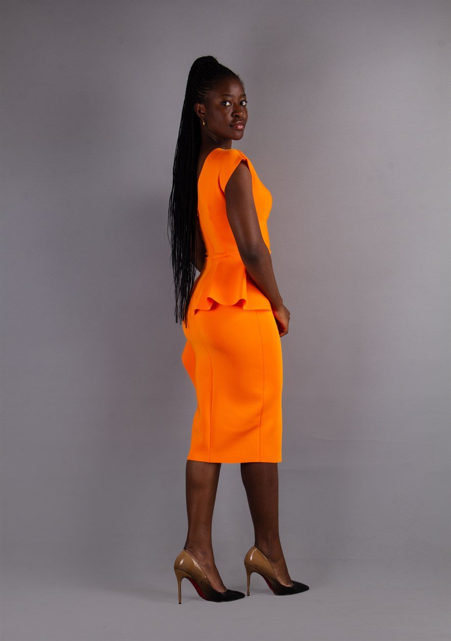 Waist Twisted Peplum Scuba Dress - Orange
