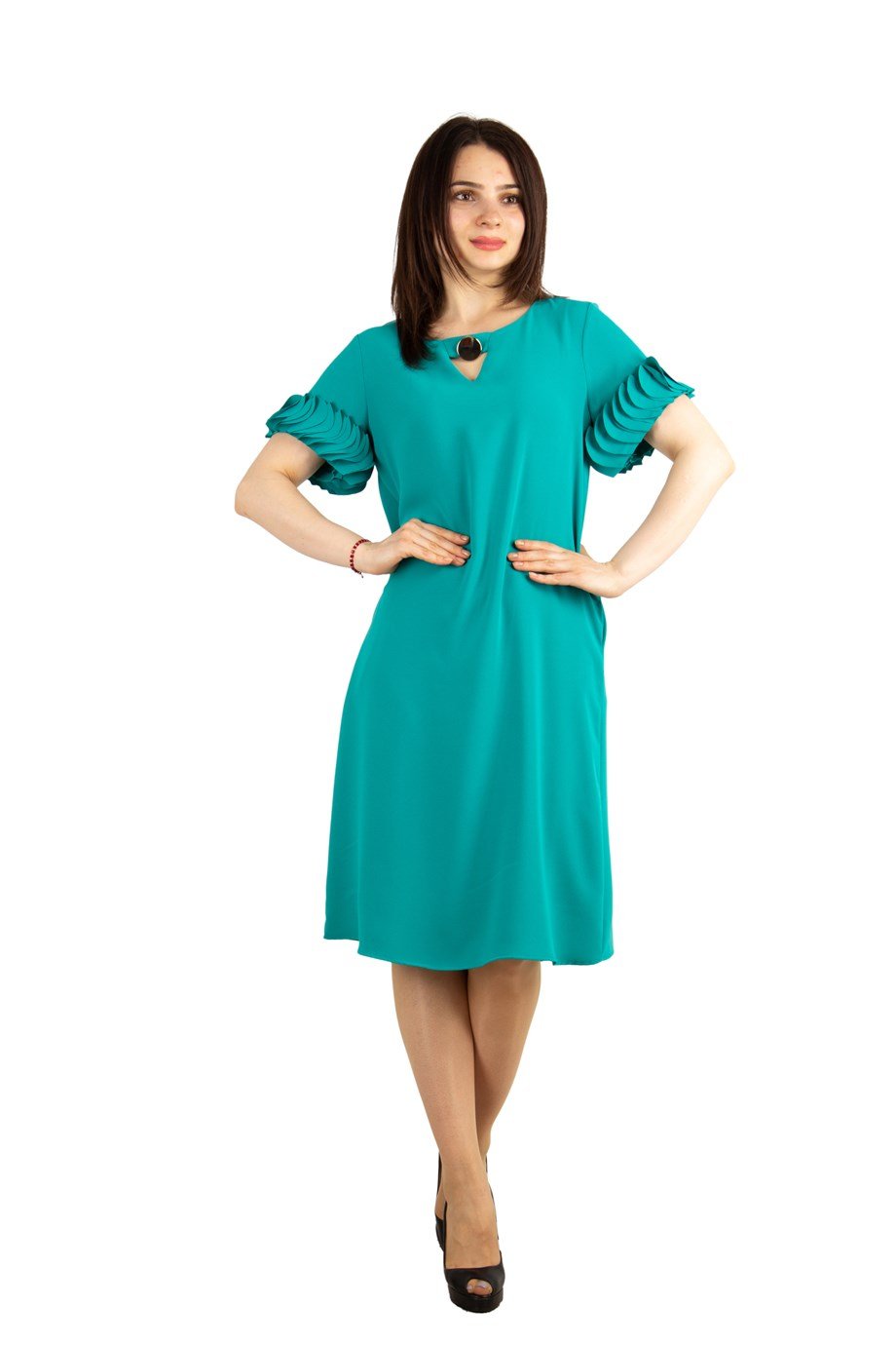 Wavy Short Sleeves Big Size Dress - Benetton Green