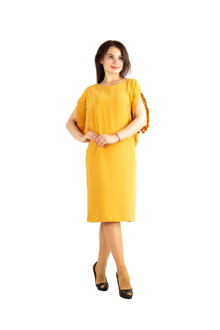 Wavy Sleeves Batwing Big Size Dress - Mustard