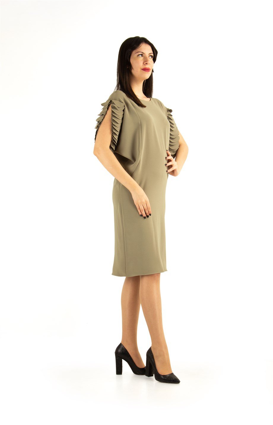 Wavy Sleeves Batwing Dress - Khaki