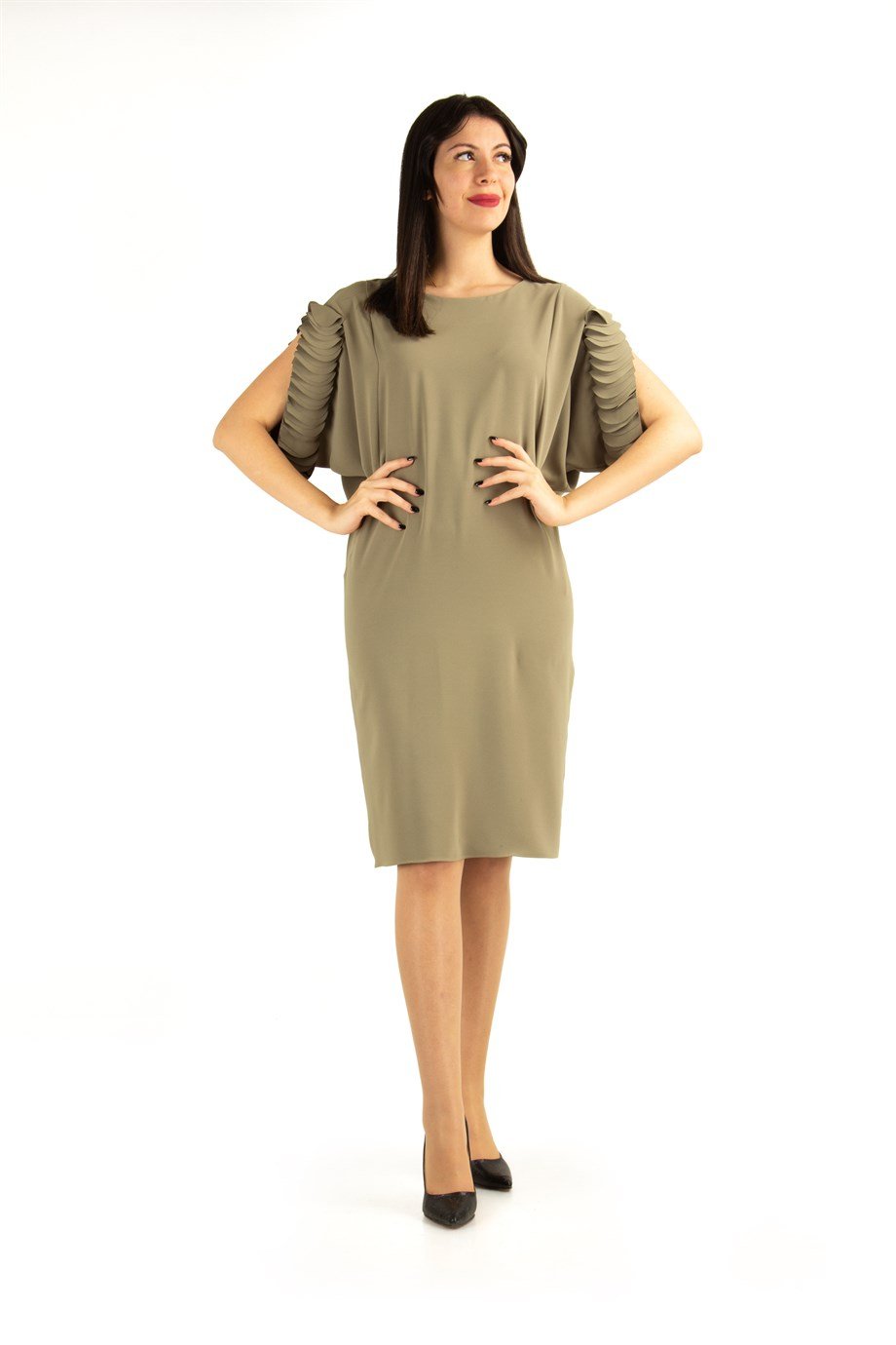 Wavy Sleeves Batwing Dress - Khaki
