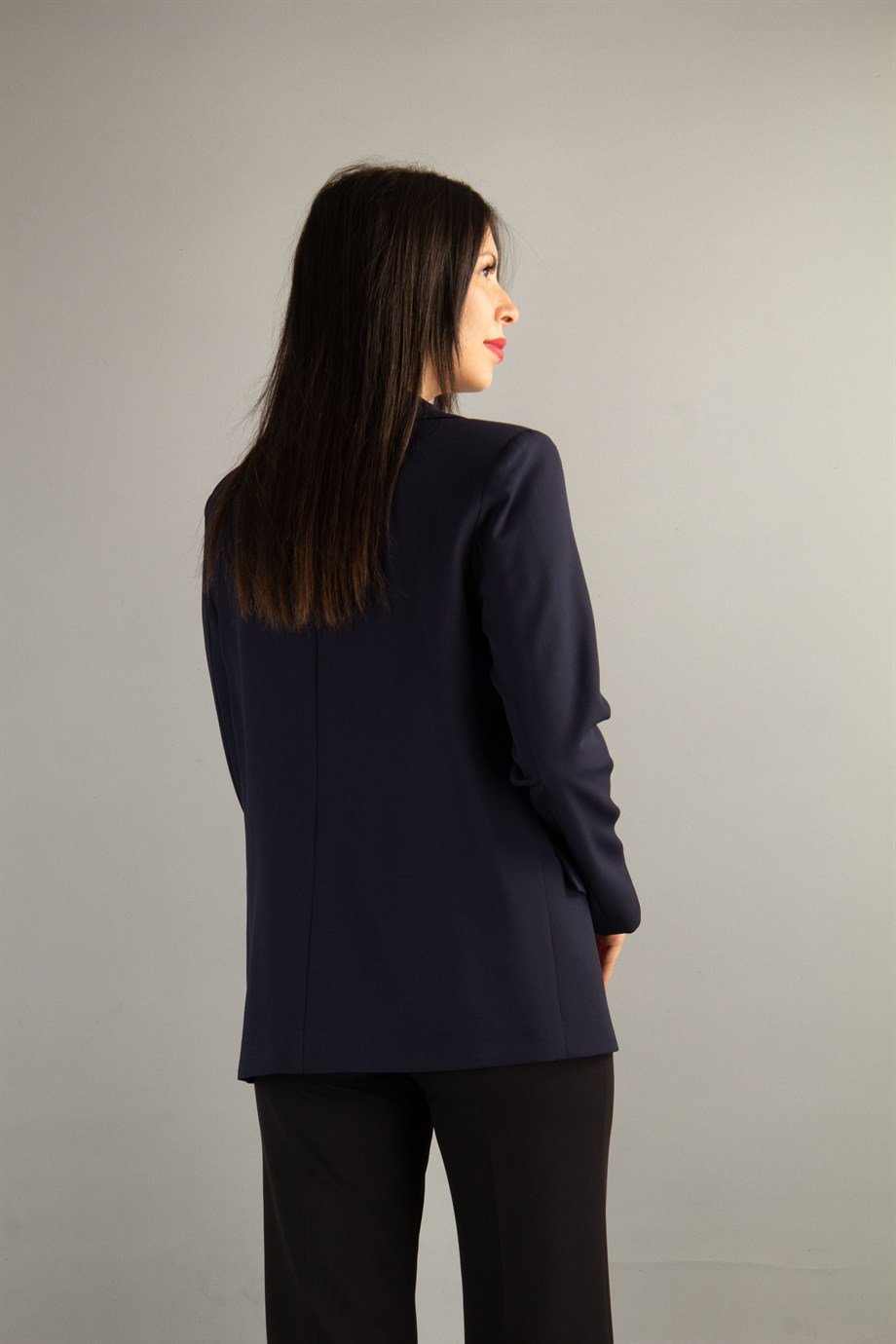 Women Front Button Loose Blazer Jacket - Navy Blue