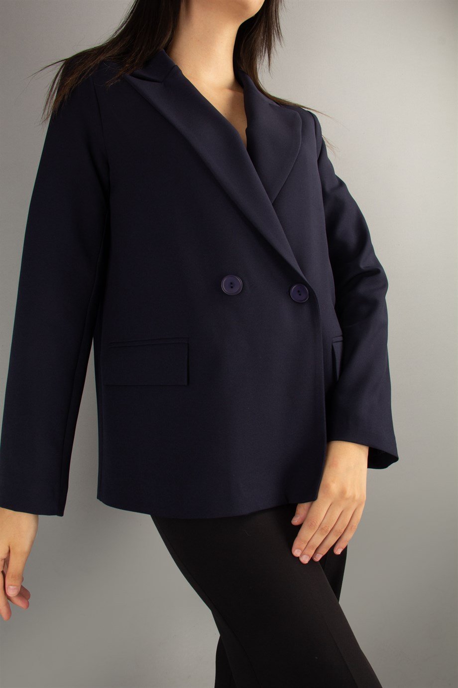 Women Front Button Loose Blazer Jacket - Navy Blue