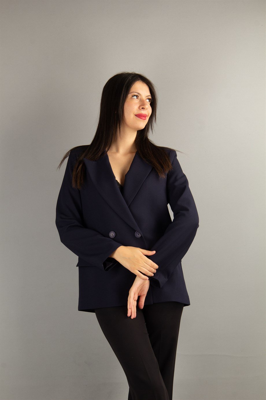 Women Front Button Loose Blazer Jacket - Navy Blue