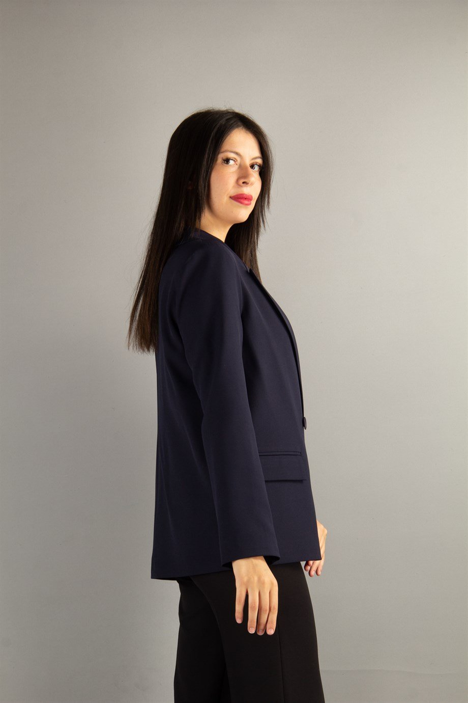 Women Front Button Loose Blazer Jacket - Navy Blue