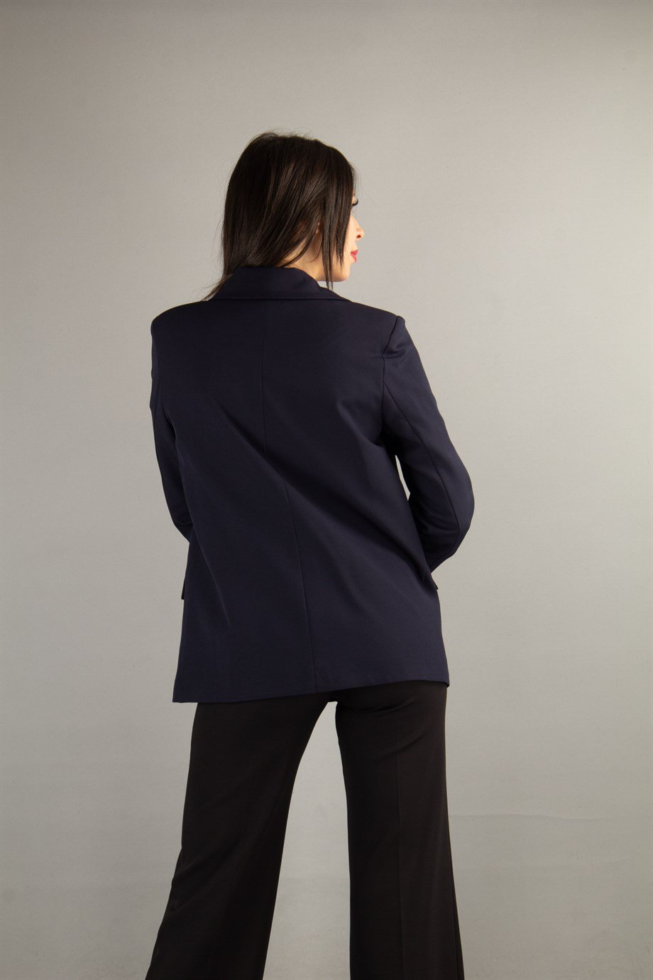 Women Front Button Loose Blazer Jacket - Navy Blue