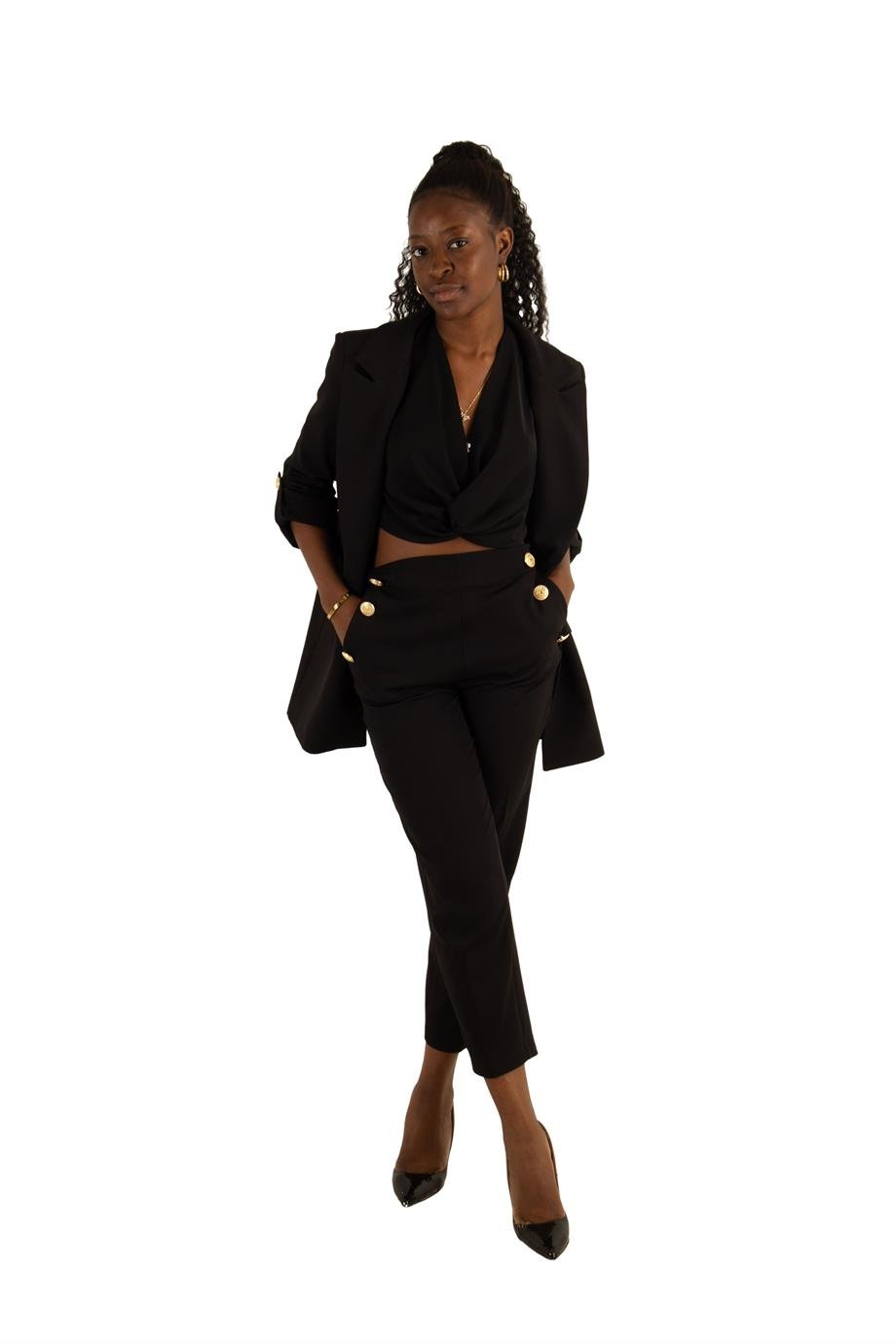 Women's Blazer Jacket With Gold Button - Black