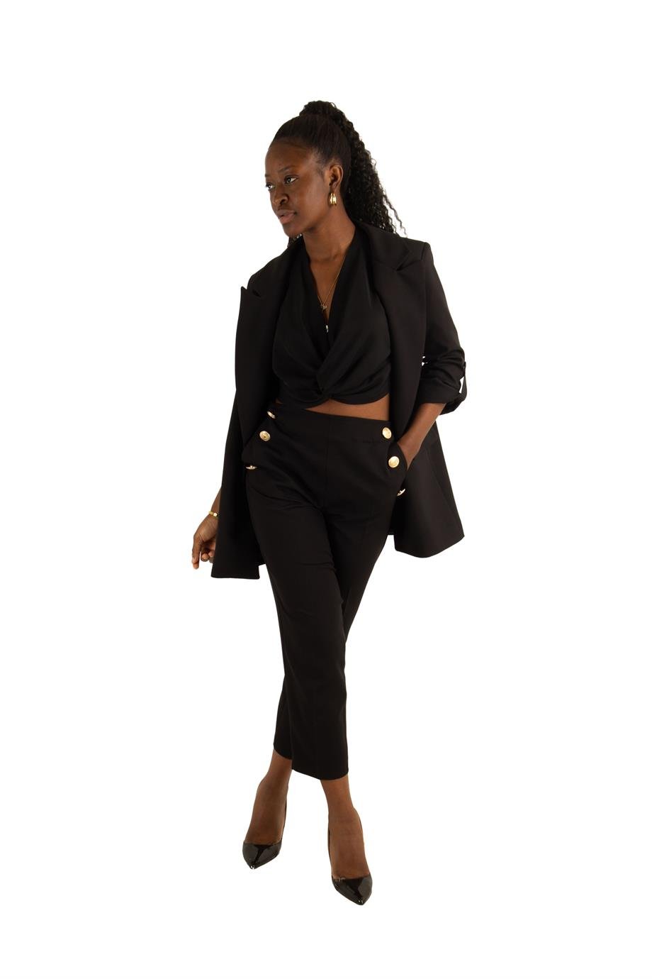 Women's Blazer Jacket With Gold Button - Black